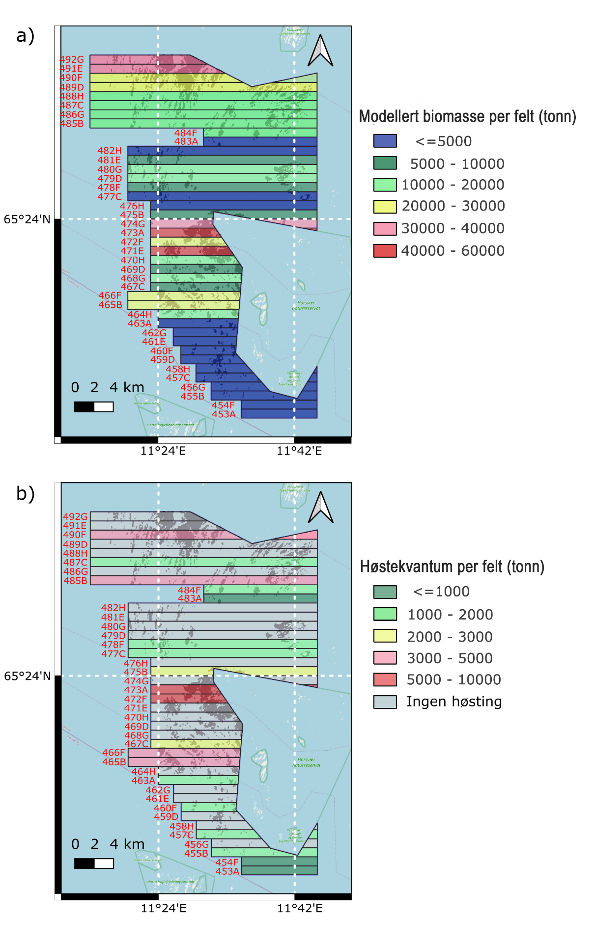 Figur 38: a) Modellert stortarebiomasse per felt (tonn) i dybdeintervallet 2-20 m, b) Innrapportert høstekvantum per felt (tonn) i Nordland per 2024.