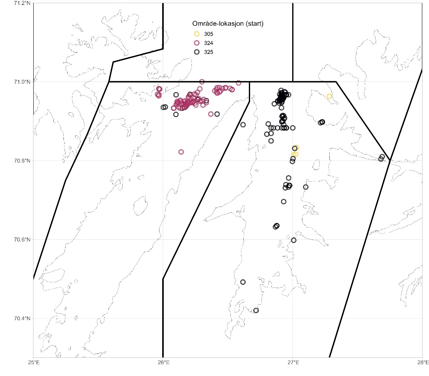 Kartutsnitt over Ytre Porsanger og Laksefjorden som viser startposisjoner (koordinater) for alle hal med reketrål i Porsanger- og Laksefjorden i 2024. Startposisjonene er gitt som sirkler der fargene henviser til område-lokasjon (start): 305 (gule sirkler), 324 (røde) og 325 (sorte). 