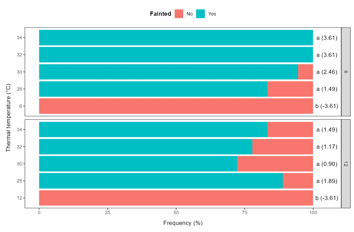 Graph showing increased fainting occurrence with increasing thermal exposure temperature, over two acclimation temperatures