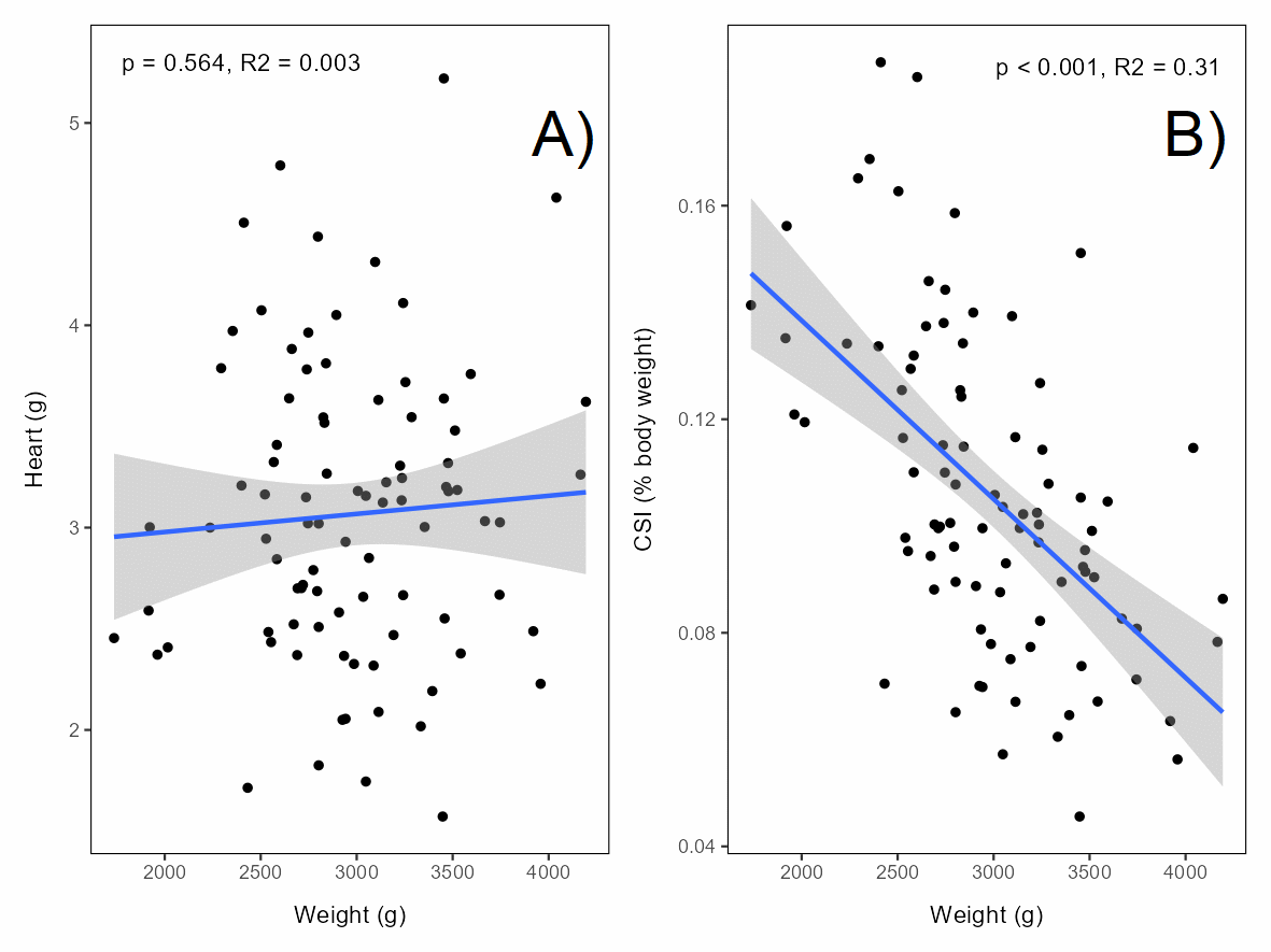 Scatterplots showing little correlation of heart size over fish weight but strong negative correlation of CSI with weight.
