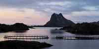 

Naturbilde med sjø og fjell. Midt i bildet viser to oppdrettsmerder.