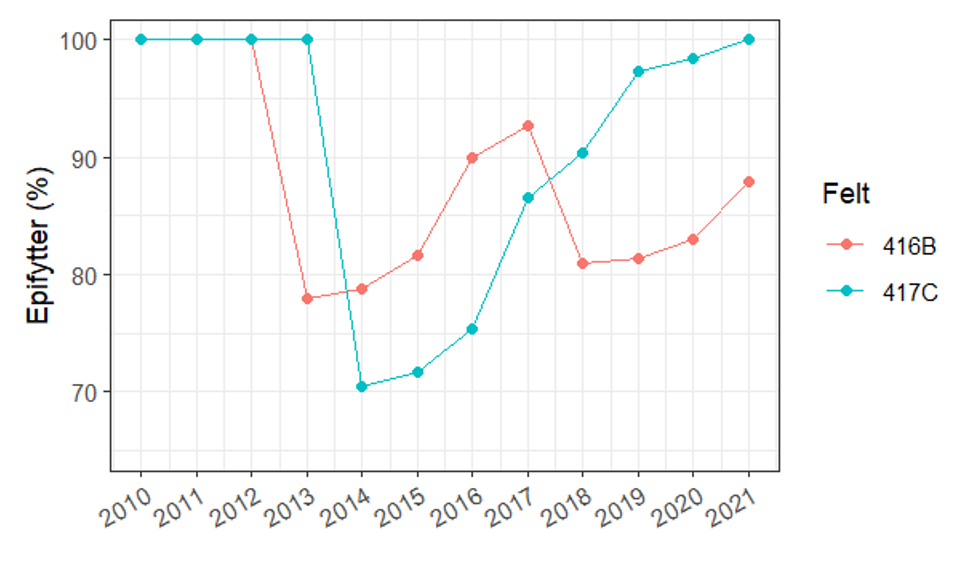 Graf over epifytterforekomster i felt over tid