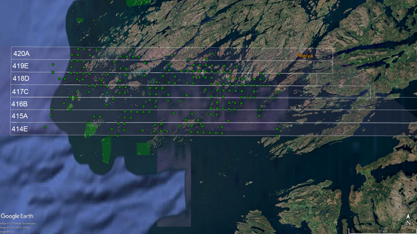 Området utenfor Vikna med tarehøstefelter (hvite linjer) og sjøfuglreservat/referanseområder som er stengt for tarehøsting (grønne polygoner). De grønne prikkene viser stasjoner der Havforskningsinsituttet har samlet inn data for i juni 2020 til bruk til biomassemodellering.