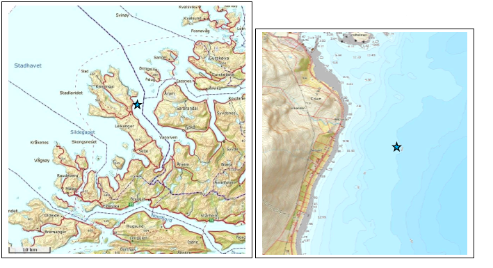 Kartutsnitt. Beitveit marker med blå stjerne