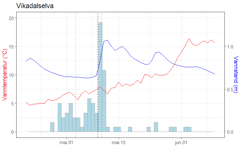 Figuren viser den daglige temperaturen, vannføringen som linjer, samt stolpediagram som viser antall utvandrende fisk  i Vikedalselven.