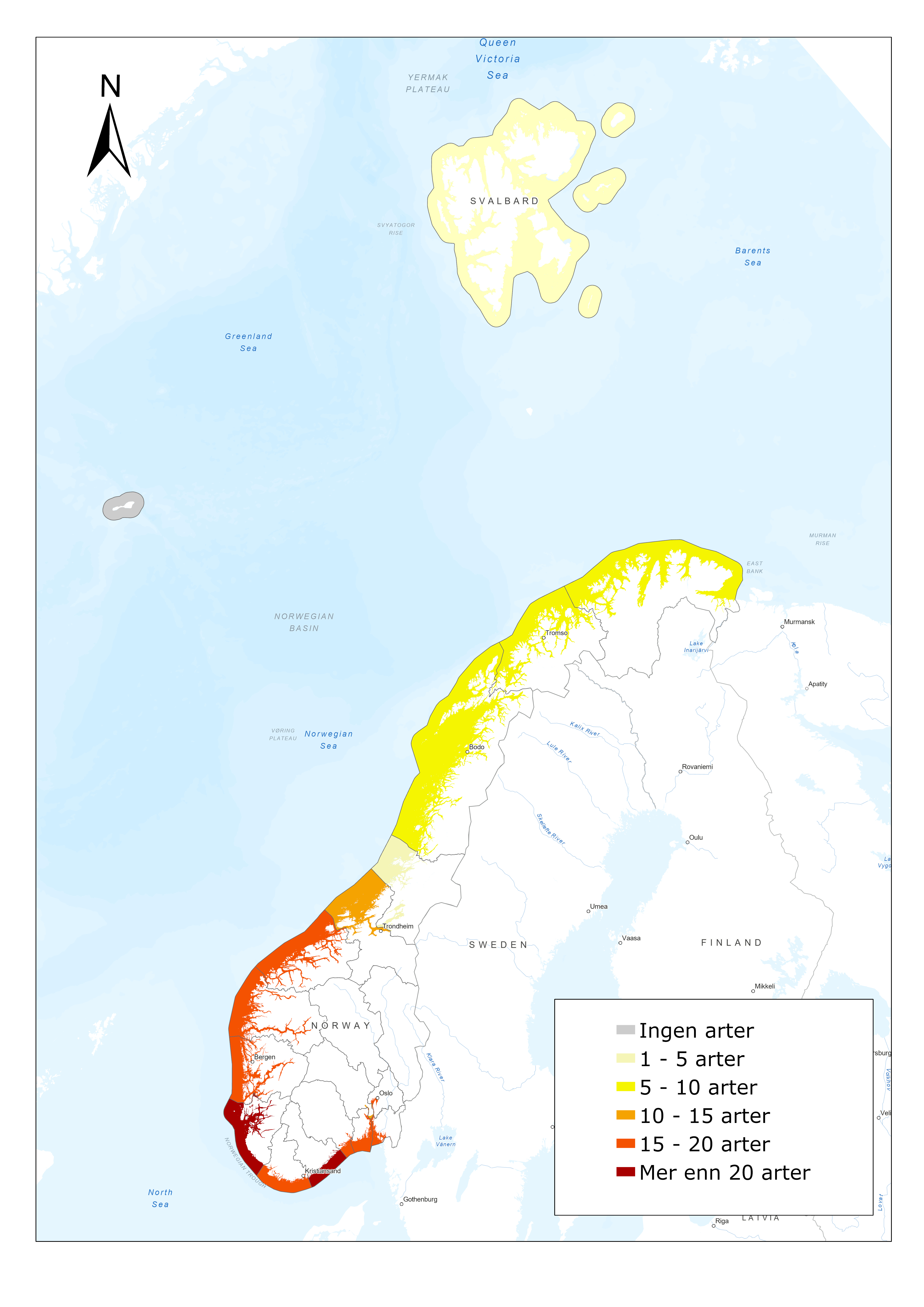 Geografisk ubredelse av alle fremmede marine arter i Norge
