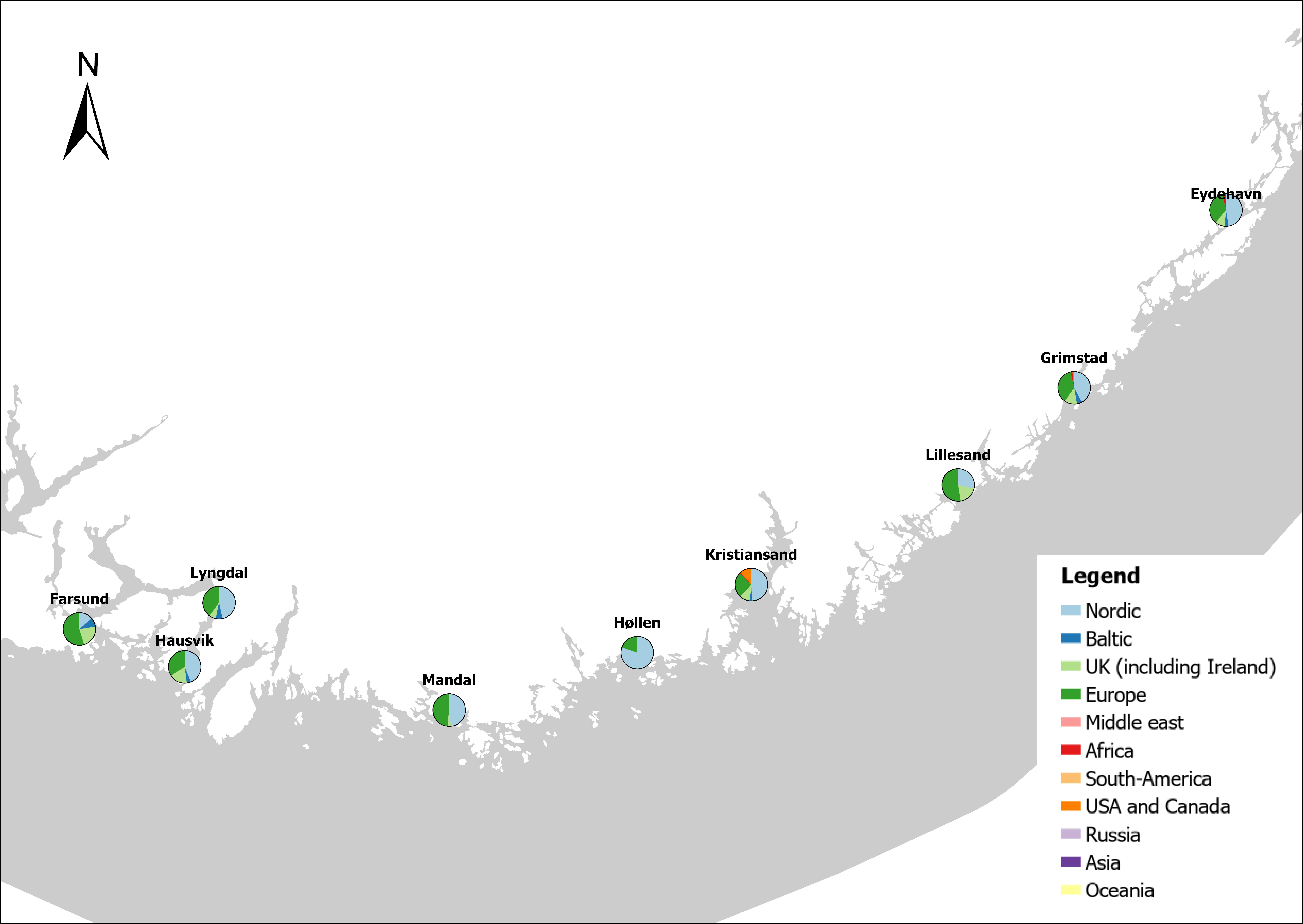 Figur som viser hvor lasteskip inn til dette fylket kommer fra