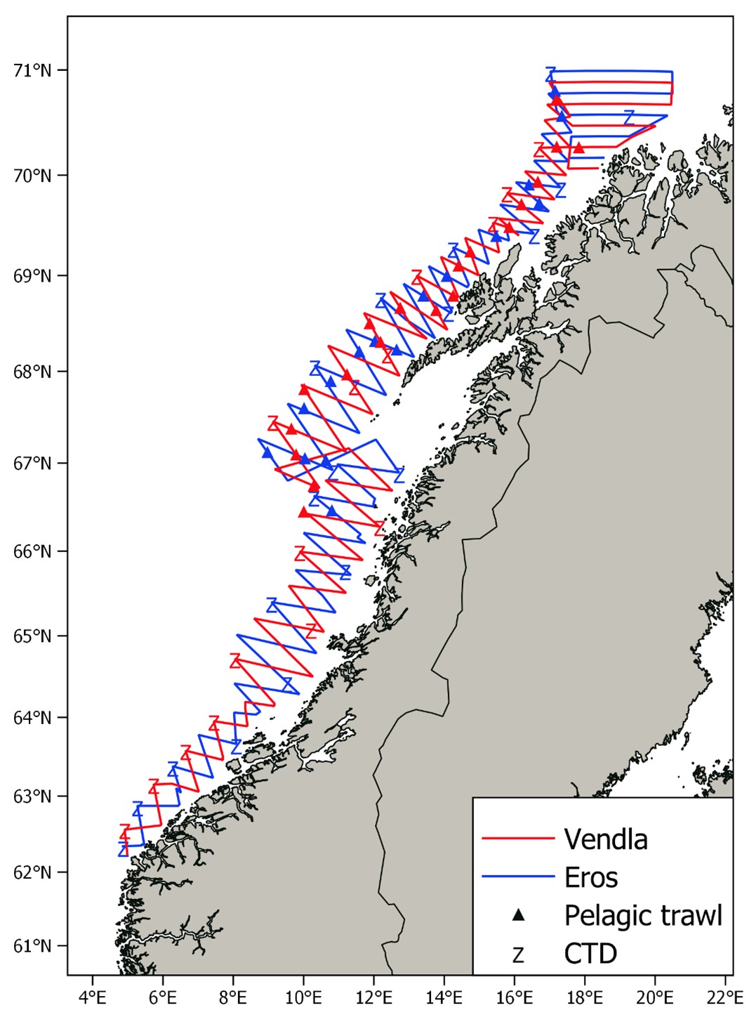 Kart som viser hvor nvg-gytetoktet i 2022 gikk og hvor det ble trålt og hvor det ble tatt ctd-stasjoner