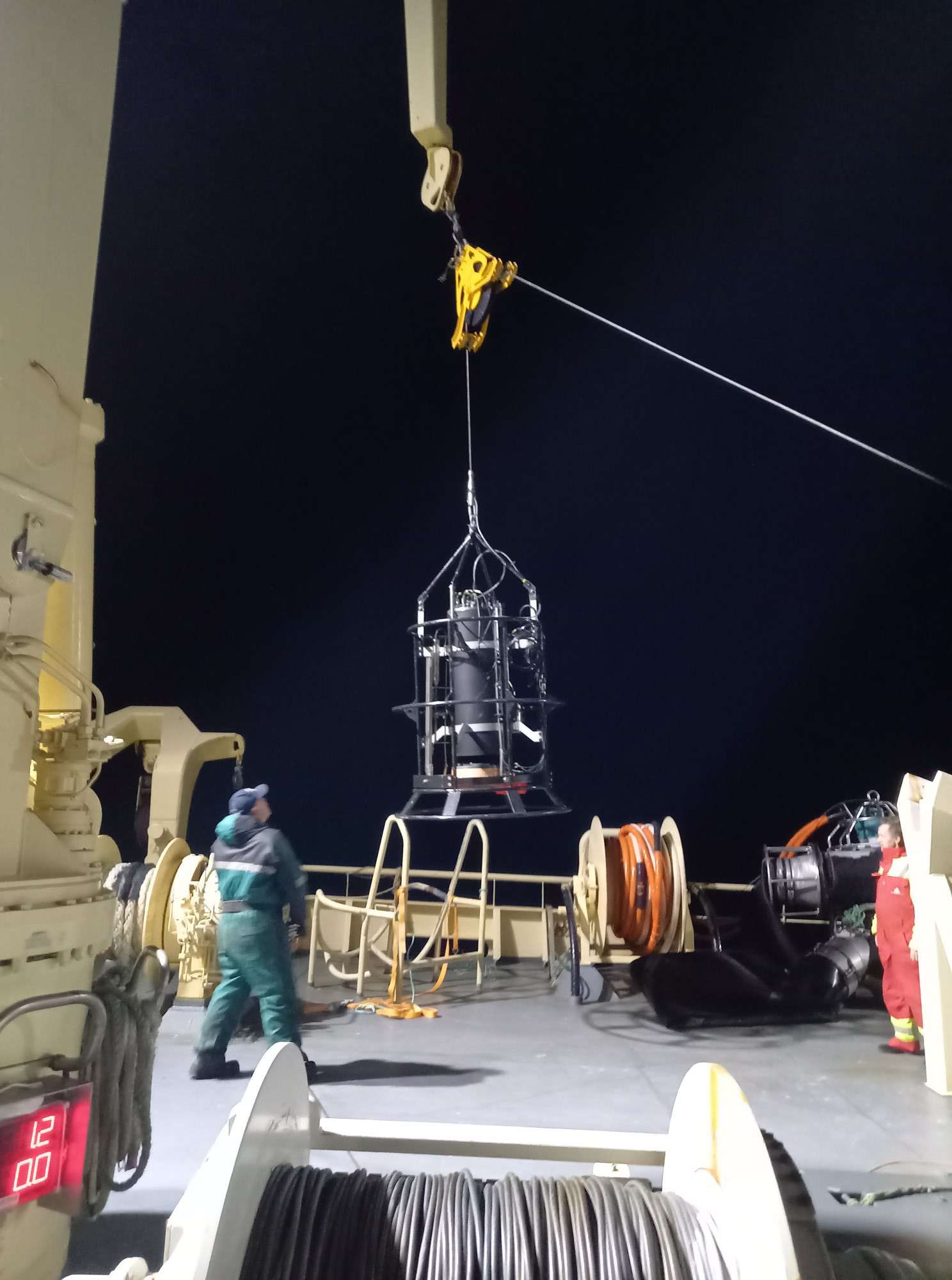 Fig. 11. Retrieval of the TS probe onboard Eros after data collection for single fish target strength measurements.