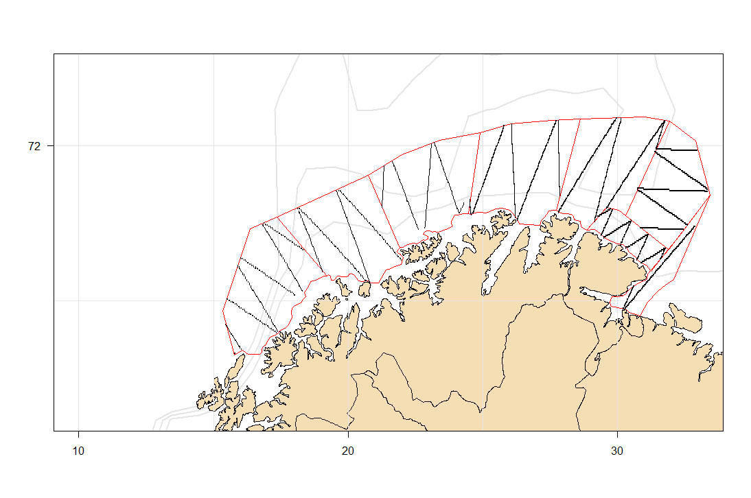 Fig. 1. East west survey coverage after modification. The survey effort was adjusted based on the capelin observations made during the west-east coverage (see text).  