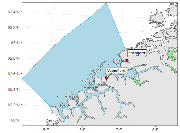 Figuren viser posisjonene for rusefangst i produksjonsområdet i ett Norgeskart.