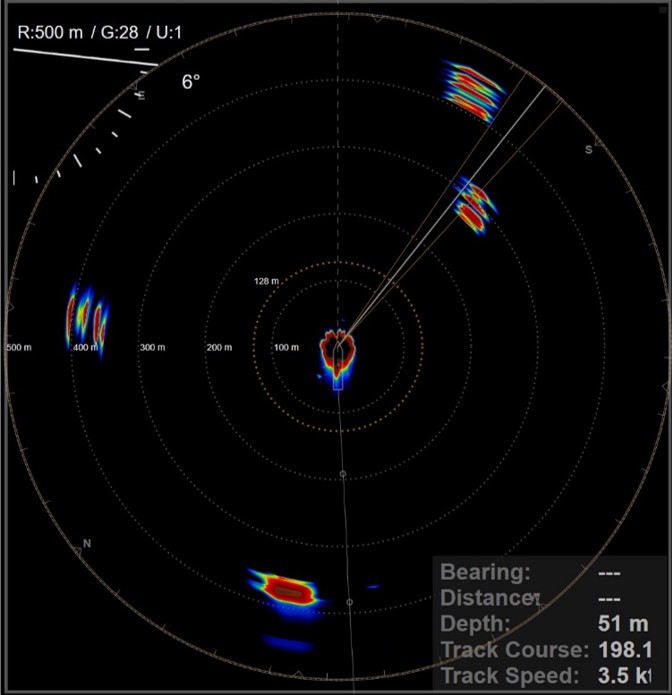 Figure 2. Image of the medium frequency sonar showing 3 BFT aggregations; port side at 350 m, starboard bow at 300 and 450 m.