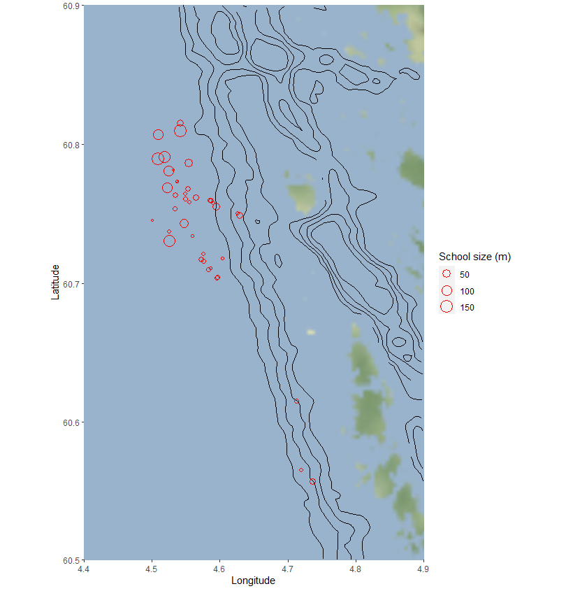  
Figure 12. Location of bluefin tuna schools measured with medium frequency sonar CS90 during 6th October. Symbol size proportional to the diameter the school measured along the sonar beams. Bathymetric curves are also shown in black.
