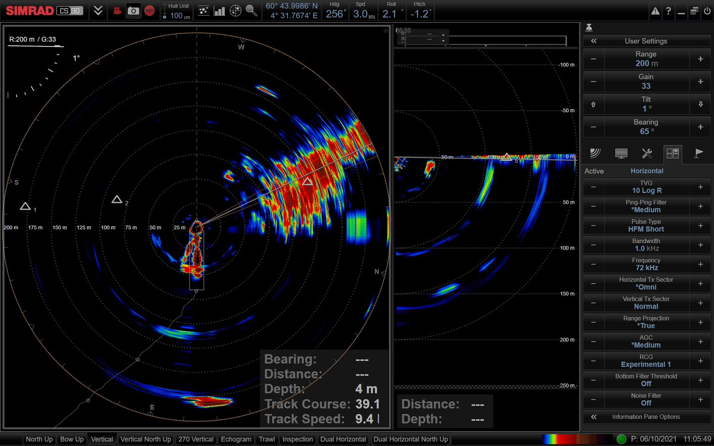Figure 5. School BFT actively feeding in the surface during 6th October observed with the medium frequency sonar at a range of 200 m and 1 degree tilt to the starboard bow side (vessel in the center of the image).  