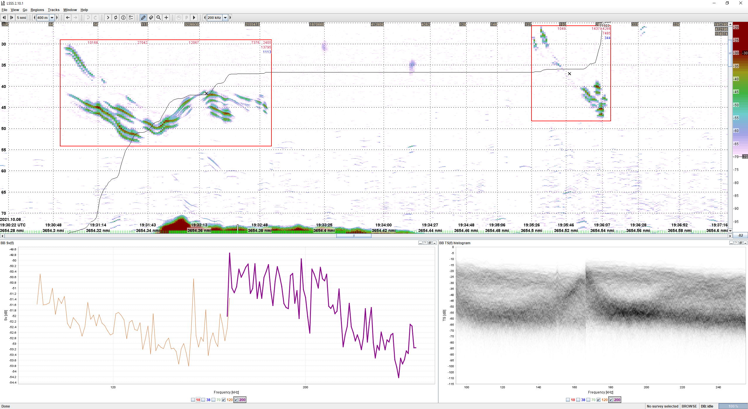 Figure 10. EK80 echo sounder recordings of bluefin tuna (top panel) and possible prey fish (bottom panel). In each figure an echogram of 200 kHz is displayed in the upper panel, the volume backscattering strength (Sv) for the broadband frequencies of 120 and 200 kHz (bottom left panel) and histogram of target strength detections in the same frequency range (bottom right panel).