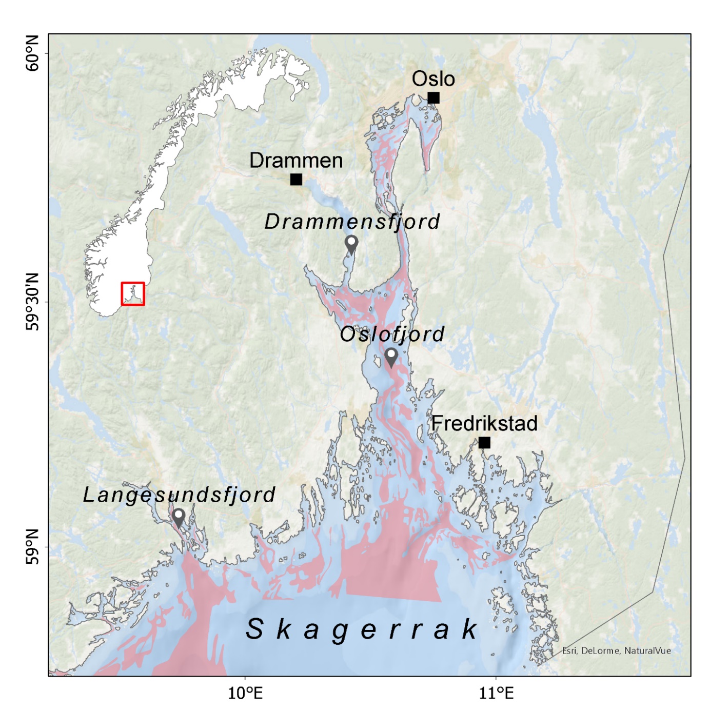Figuren er et kart som viser rekefelt i Oslofjorden og helt øst i Skagerrak