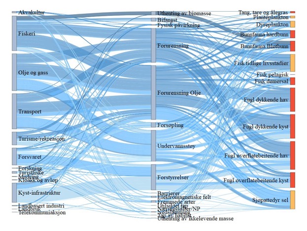 Figur 31. Sankey diagram (hyperlink) for NS1 Boknafjorden og Jærstrendene. Figuren viser hvilke sektorer (til venstre) som er koblet til en rekke påvirkninger (midten) og hvordan disse igjen er koblet til risiko for påvirkning på miljøverdiene (til høyre). Fargen på strekene angir middels konfidens (mørk er høy konfidens, lys er lav konfidens), mens tykkelsen på strekene viser bidrag til risiko for påvirkning. Sårbarhet for klimaendringer er angitt av fargene på miljøverdiene; der rødt er høy sårbarhet, oransje er middels, gult er lavt, hvit er ingen sårbarhet og grønt er positiv respons for klimaendringer.