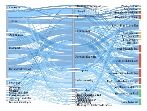 Figur 21. Sankey diagram (hyperlink) for BH6 Kystsonen Lofoten. Figuren viser hvilke sektorer (til venstre) som er koblet til en rekke påvirkninger (midten) og hvordan disse igjen er koblet til risiko for påvirkning på miljøverdiene (til høyre). Fargen på strekene angir middels konfidens (mørk er høy konfidens, lys er lav konfidens), mens tykkelsen på strekene viser bidrag til risiko for påvirkning. Sårbarhet for klimaendringer er angitt av fargene på miljøverdiene; der rødt er høy sårbarhet, oransje er middels, gult er lavt, hvit er ingen sårbarhet og grønt er positiv respons for klimaendringer.
