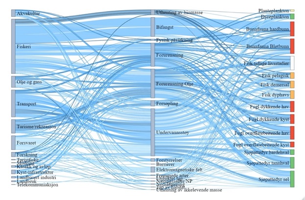 Figur 29. Sankey diagram (hyperlink) for NH7 Kystsonen Norskehavet sør. Figuren viser hvilke sektorer (til venstre) som er koblet til en rekke påvirkninger (midten) og hvordan disse igjen er koblet til risiko for påvirkning på miljøverdiene (til høyre). Fargen på strekene angir middels konfidens (mørk er høy konfidens, lys er lav konfidens), mens tykkelsen på strekene viser bidrag til risiko for påvirkning. Sårbarhet for klimaendringer er angitt av fargene på miljøverdiene; der rødt er høy sårbarhet, oransje er middels, gult er lavt, hvit er ingen sårbarhet og grønt er positiv respons for klimaendringer.