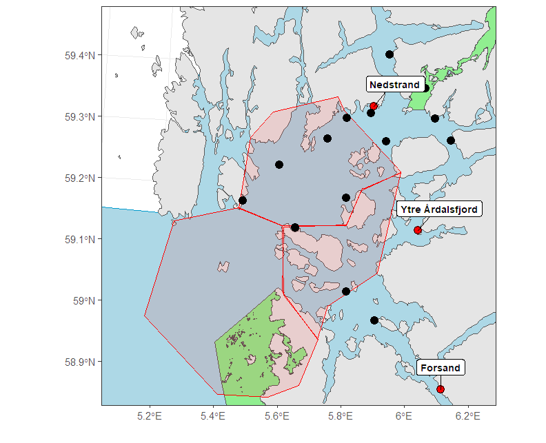 Kart som viser område for rpusestasjoner og eventuelt område for tråling og vaktbur i 2022