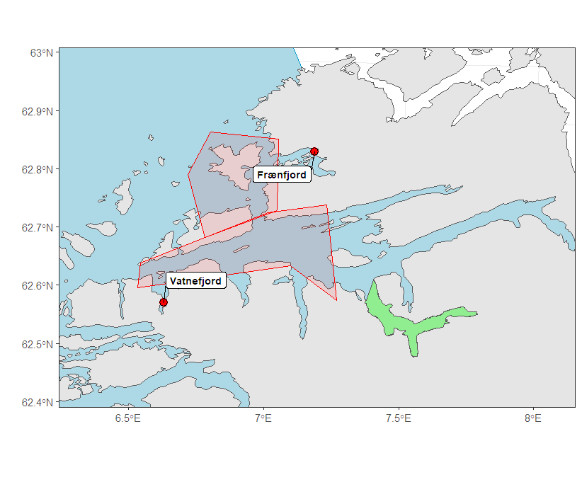 Kart over områder for postsmolttråling i 2022