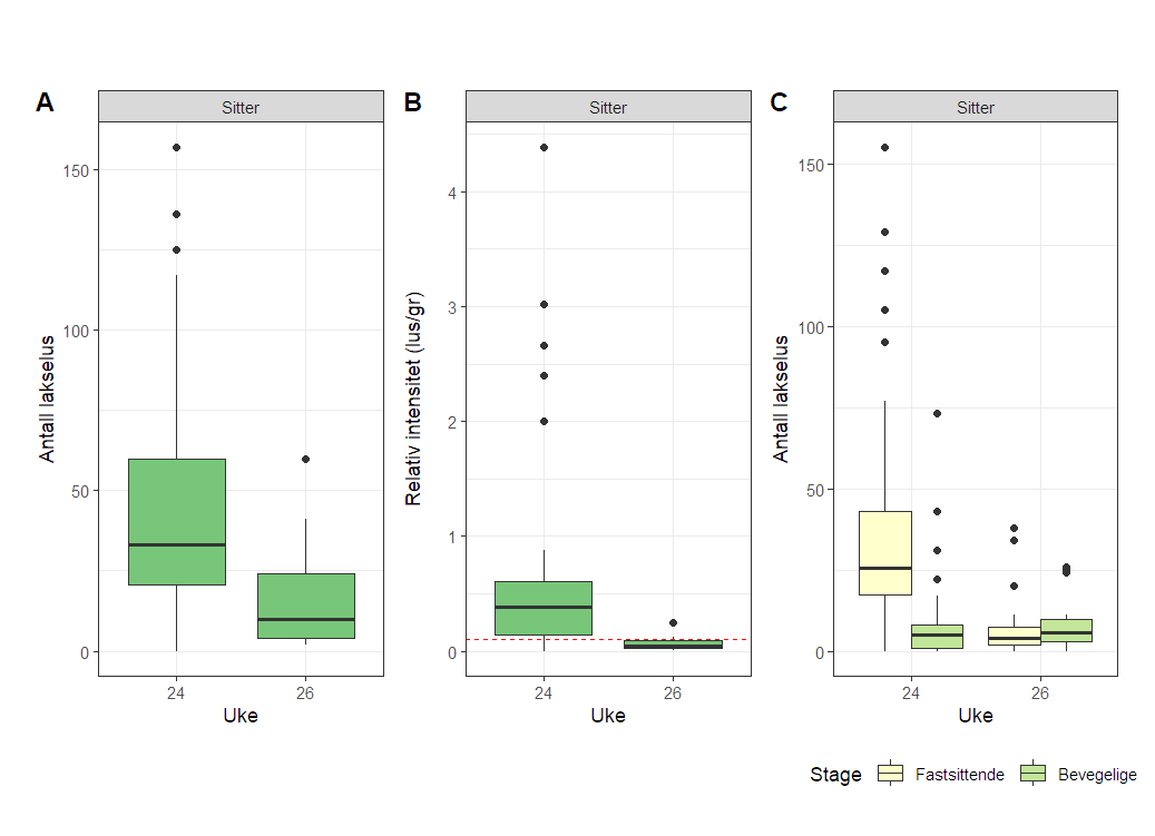 Figurer som viser mengde lakselus på sjøørret i 2022