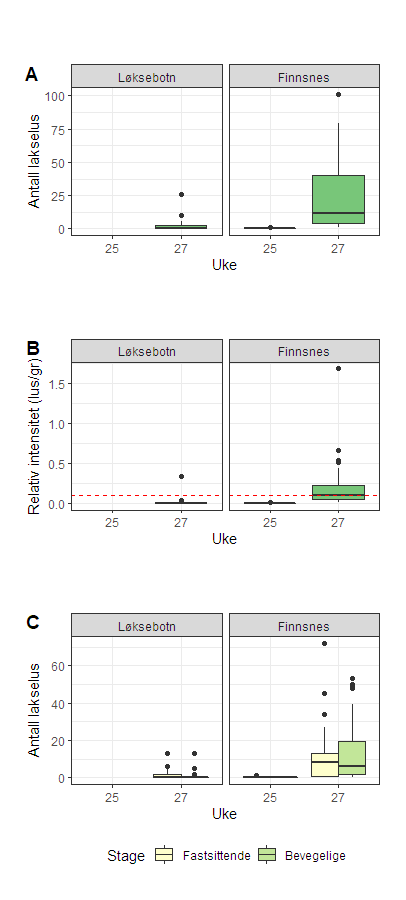 Figurer som viser mengde lakselus på sjøørret i 2022