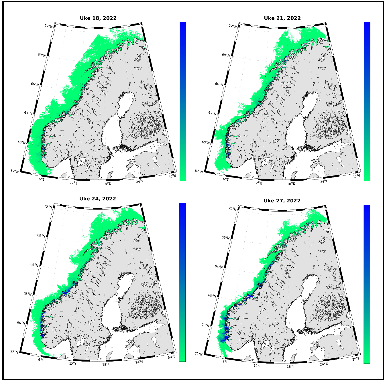 Kart som viser utviklingen i mengde lakselus langs kysten i flere uker våren 2022