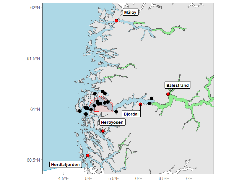 Kart som viser stasjoner for ruser og område for tråling og vaktbur i 2022