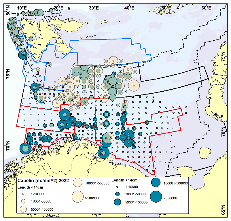 CAPELIN. Distribution in the trawl catches winter 2022 (number per nm2). Black crosses indicate zero catches and the stippled line the ice edge.