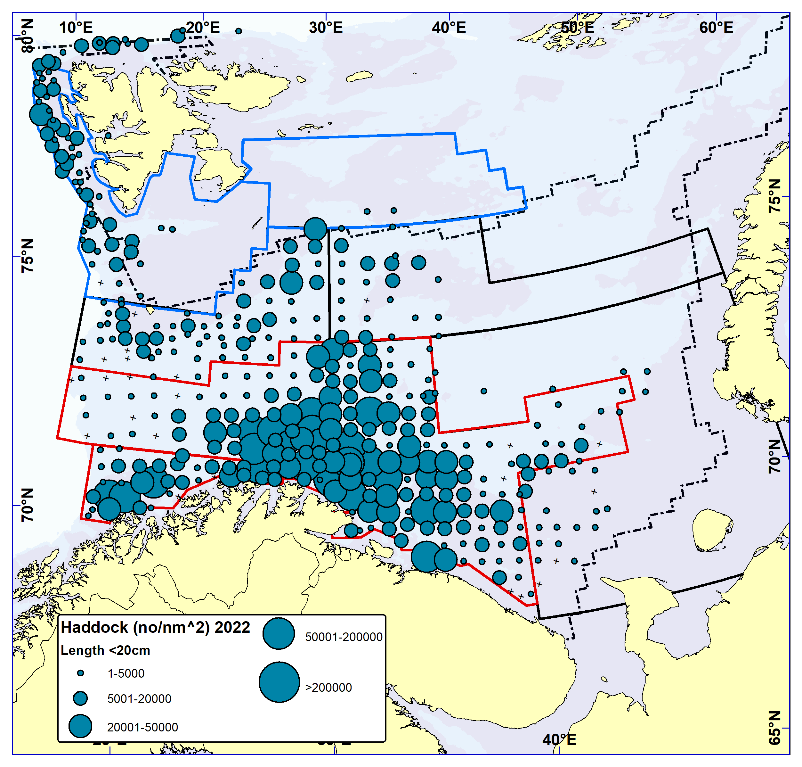 HADDOCK < 20 cm. Distribution in valid bottom trawl catches winter 2022 (number per nm2). Black crosses indicate zero catches and the stippled line the ice edge.