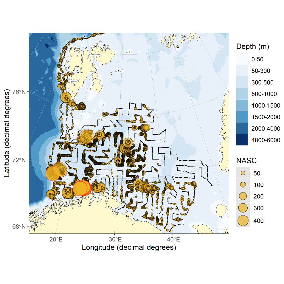 Distribution of acoustic backscatter (m2/nmi2) assigned to cod in 2022. The black lines without yellow circles represent parts of the cruise track where the acoustic backscatter was scrutinized but not assigned to cod. NASC values < 5 was set to zero for this illustration. Circles with red outline represent NASC > 500.