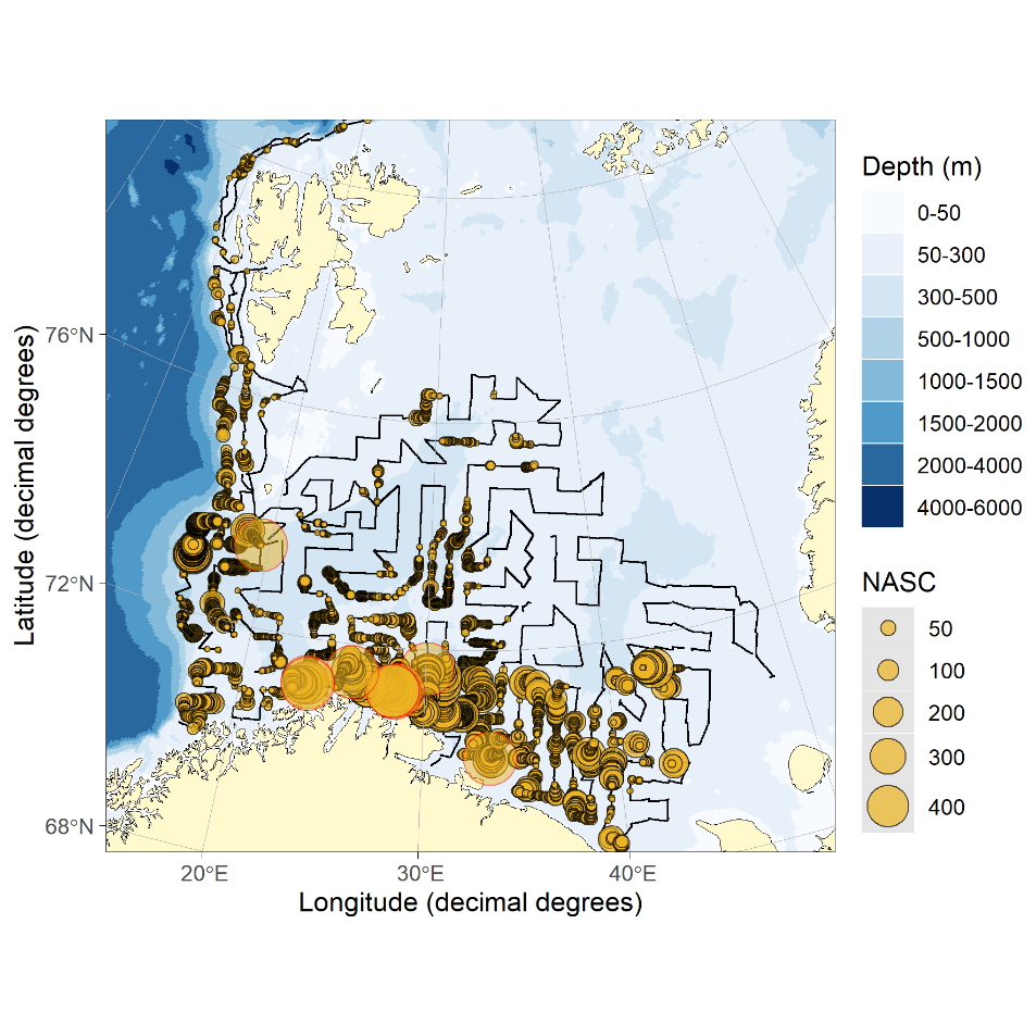 HADDOCK NASC. Distribution of acoustic backscatter (m2/nmi2) assigned to haddock in 2022. The black lines without yellow circles represent parts of the cruise track where the acoustic backscatter was scrutinized but not assigned to haddock. NASC values < 5 was set to zero for this illustration. Circles with red outline represent NASC > 500.