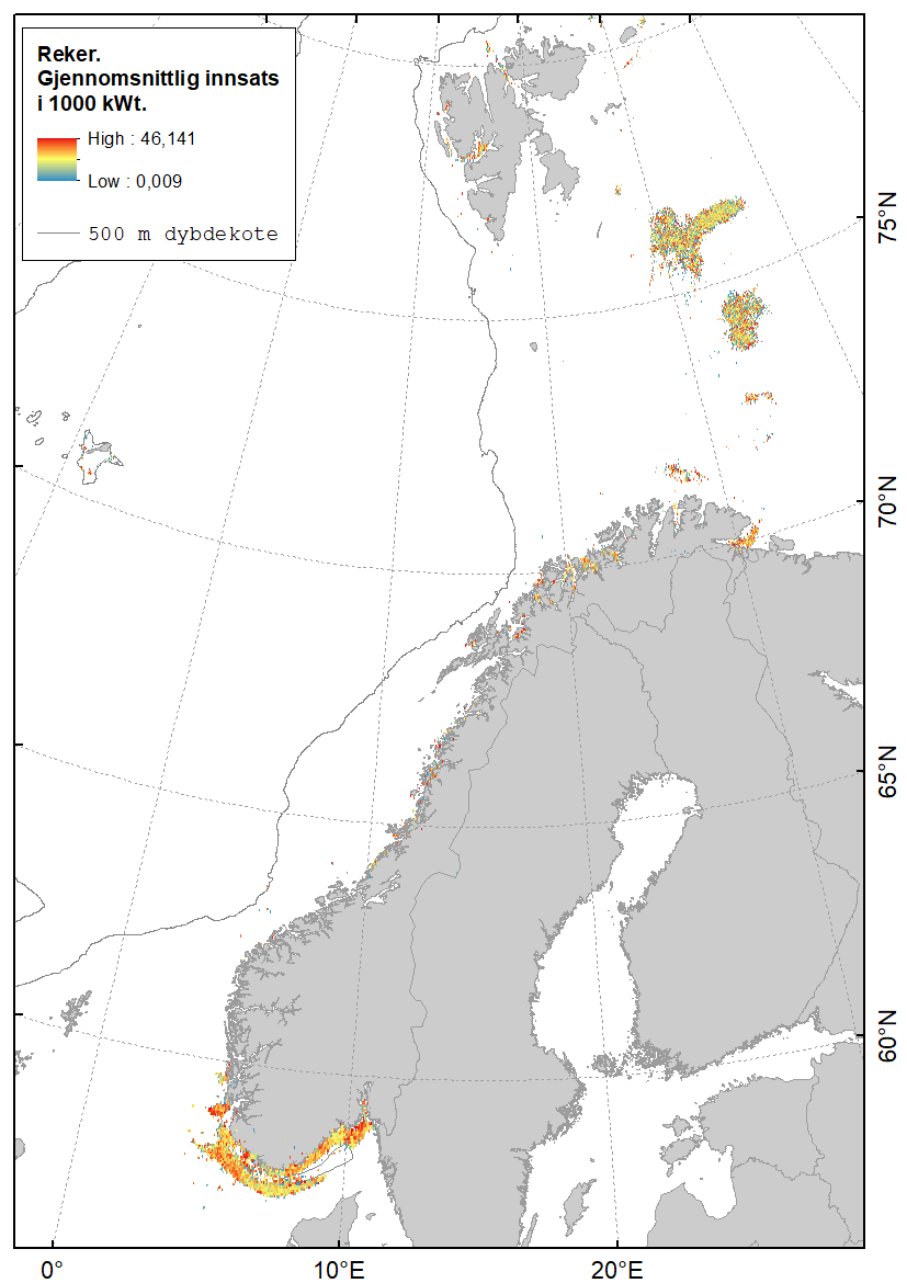 Kart som viser at fiske med reketrål i hovedsak foregår på Storbanken, Sentralbanken, i fjordene og Skagerrak.
