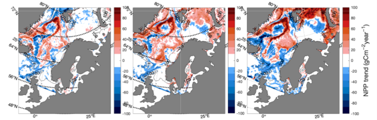 Three maps of Northern Europe, showing differences in NPP according to scenario. In the northern parts of the region a clear increase in NPP is shown, strongest for the extreme climate scenario. 