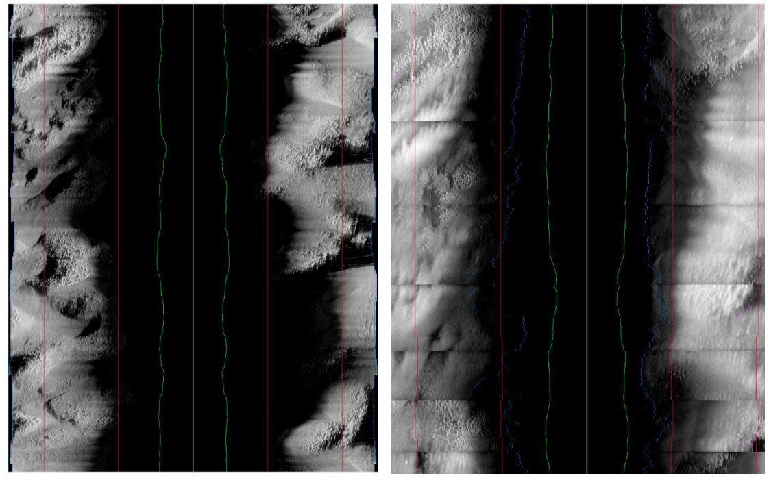 Two blakc and white images are shown side by side: the side scan sonar is on the left with some stripingbyt clear features, the hisas is on the right with less clear features and more disruption from striping