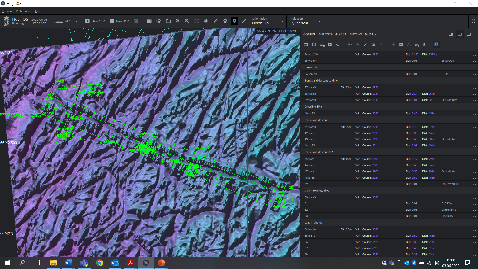 Screenshot of hugin OS and the Perlekjederev planned dive