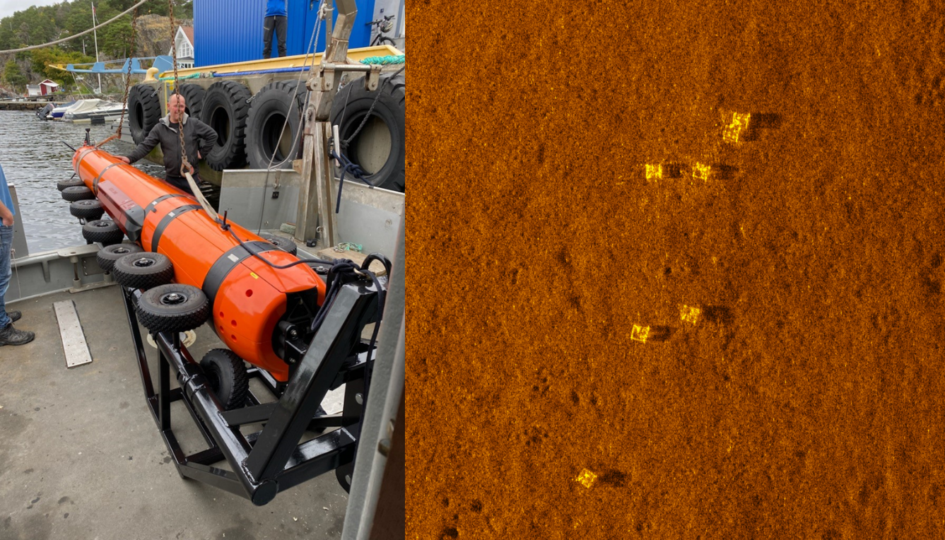 Figur 13: AUVen Munin+ rigget om bord på Tyra (venstre). Utsnitt fra kartlegging med HISAS viser en lenke med teiner på 90 meters dyp i Raet nasjonalpark(høyre). Teinene ble verifisert med ROV og berget.