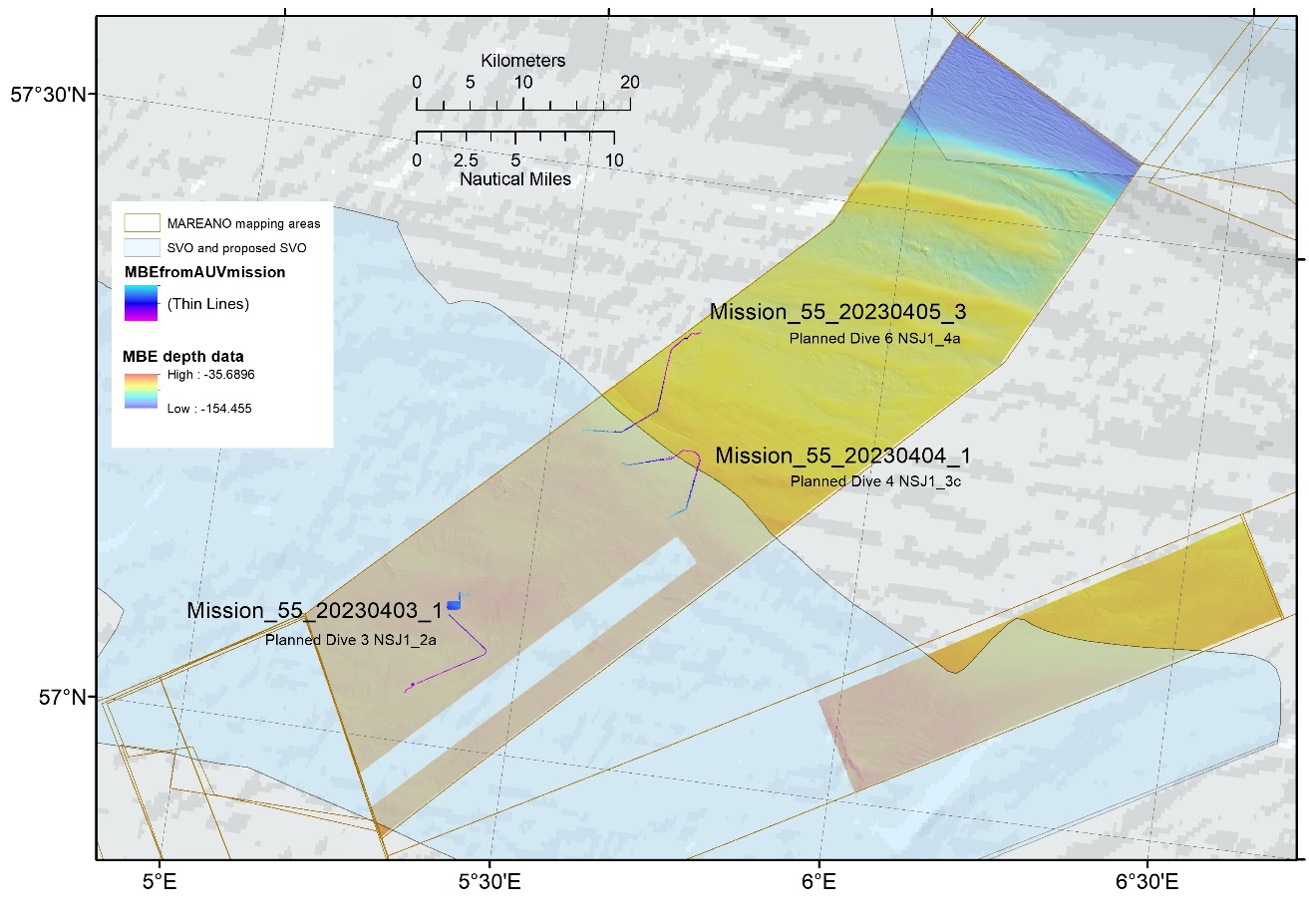 Image of a map showing the NSJ-1 and NSJ-2 areas and the locations of the 3 AUV missions in NSJ-1 (each indicated by the MBE data and a label). The first is in the SW of NSJ-1, while the secod and 3rd overlap the SVO border in the middle of NSJ-1. The second zig zagging acoss it, and the 3rd is more linear.