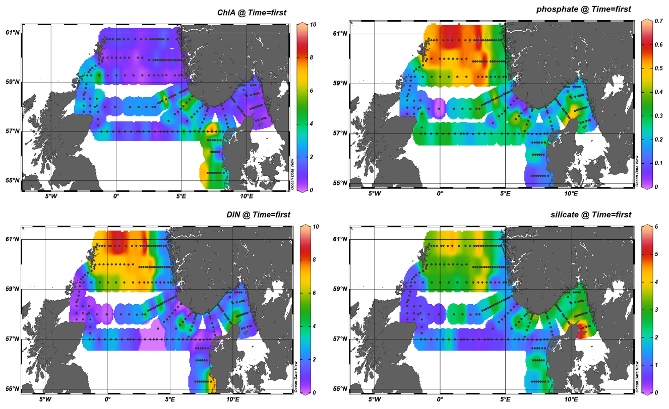 Figure 10. Chlorophyll a and nutrient concentrations during the North Sea spring survey 2023: a) Chlorophyll a, b) Phosphate, c) dissolved inorganic nitrogen (DIN, nitrite + nitrate) d) silicate.