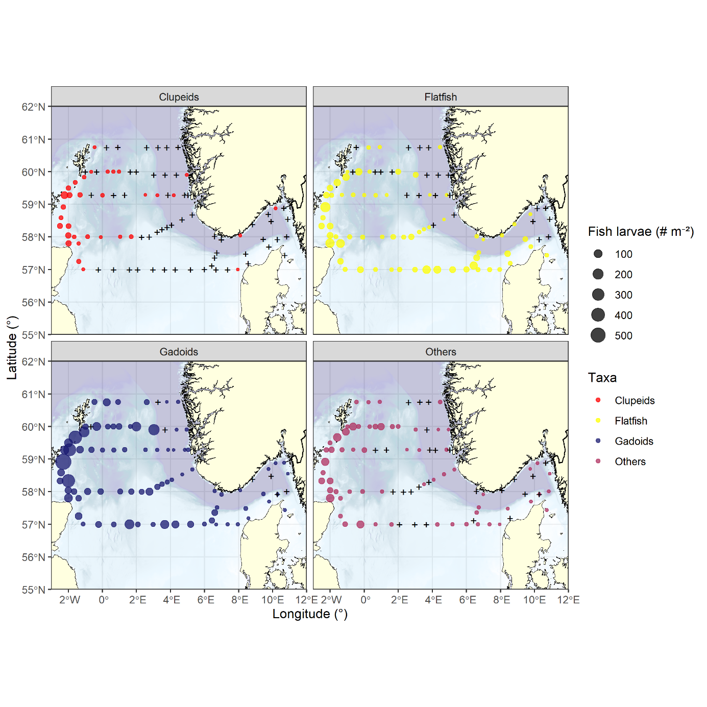 Figure 30: Distribution of larvae separated by large taxonomic or functional groups. Gadoids dominated the assemblage, being found almost everywhere and exhibiting the highest densities, with Clupeids representing the other extreme of the range, being nearly exclusive to the western part of the survey area and having peak densities a tenth of the Gadoids. The group Others comprises a wide range of species, including argentines, gobies and dragonets.