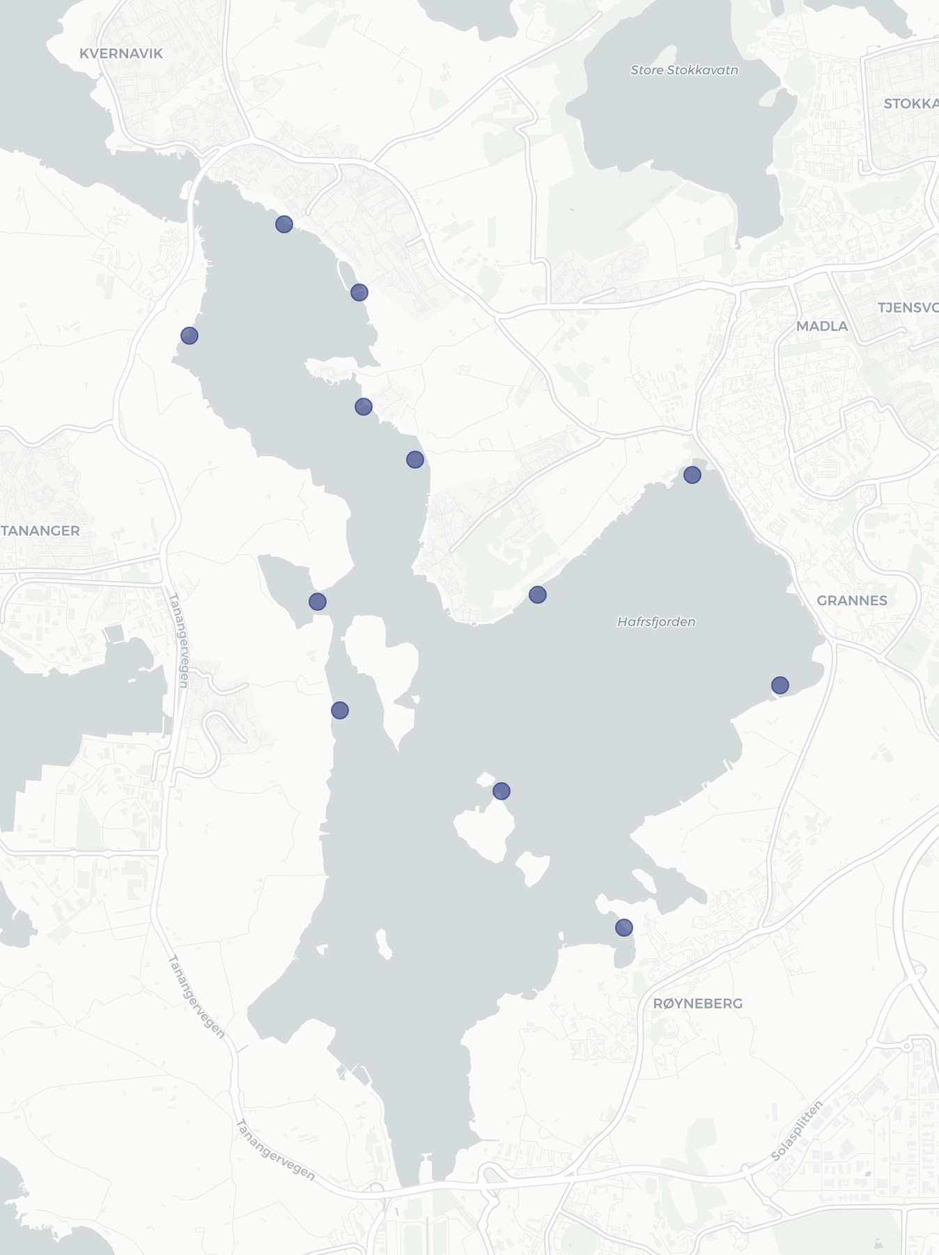 Stasjoner undersøkt i Hafrsfjord sommeren 2023