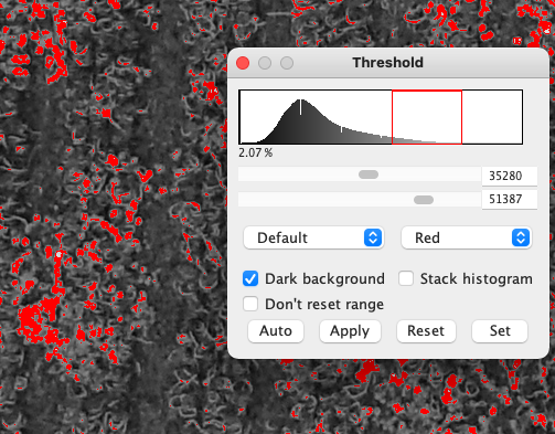3. Terskelverdi (threshold) settes for å skille mellom egg og strukturer i matten