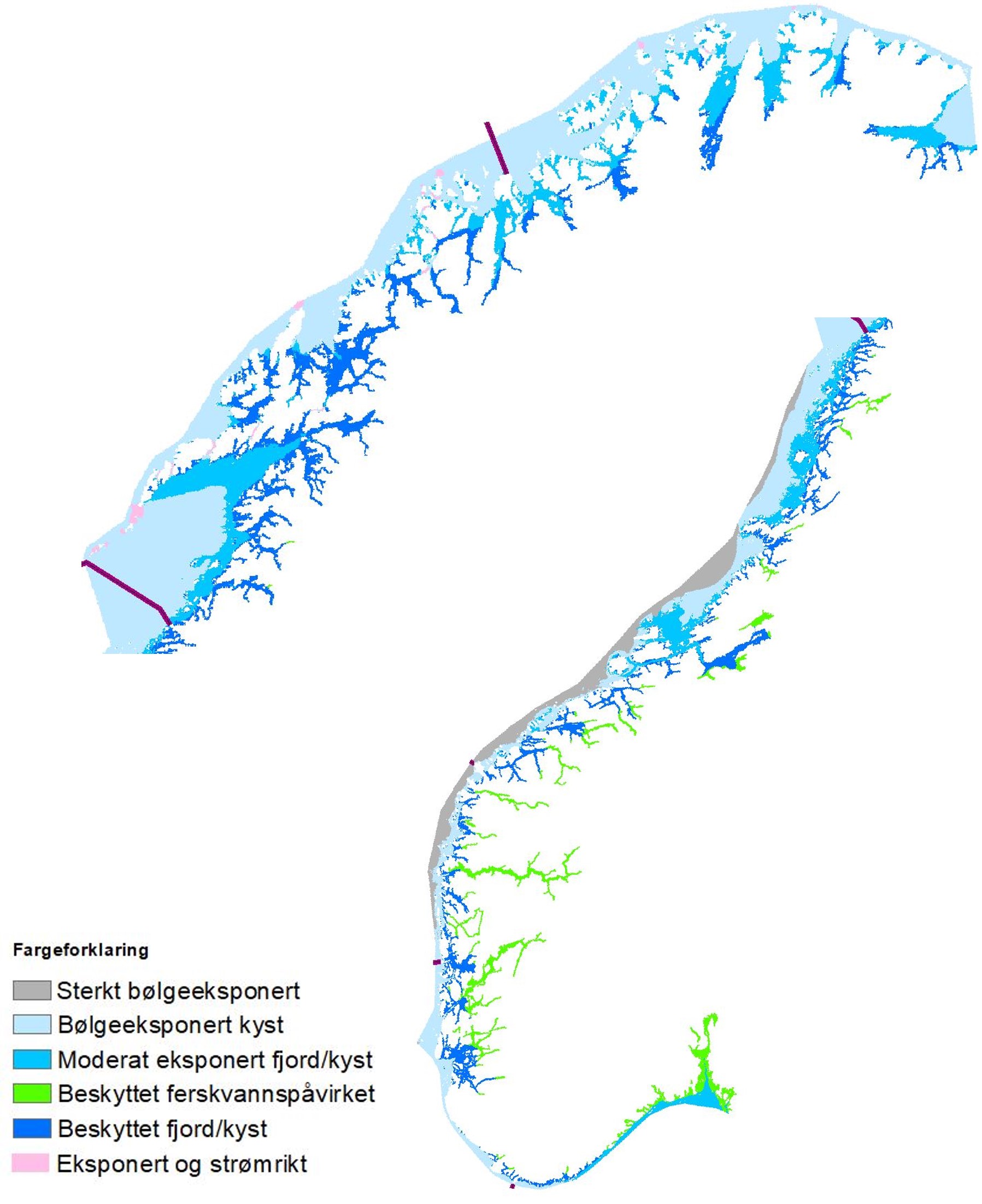 Kart over modellerte kystvanntyper illustrert med ulike farger