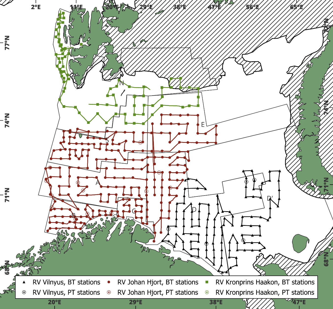 Figure 1.1.Survey tracks and all trawl stations in the winter survey 2023. Data source for the ice cover: Index of /archive/ice-service/icecharts/quicklooks/2023/20230206 (met.no ) (06 .02.23, the first day after the survey start on KPH) .