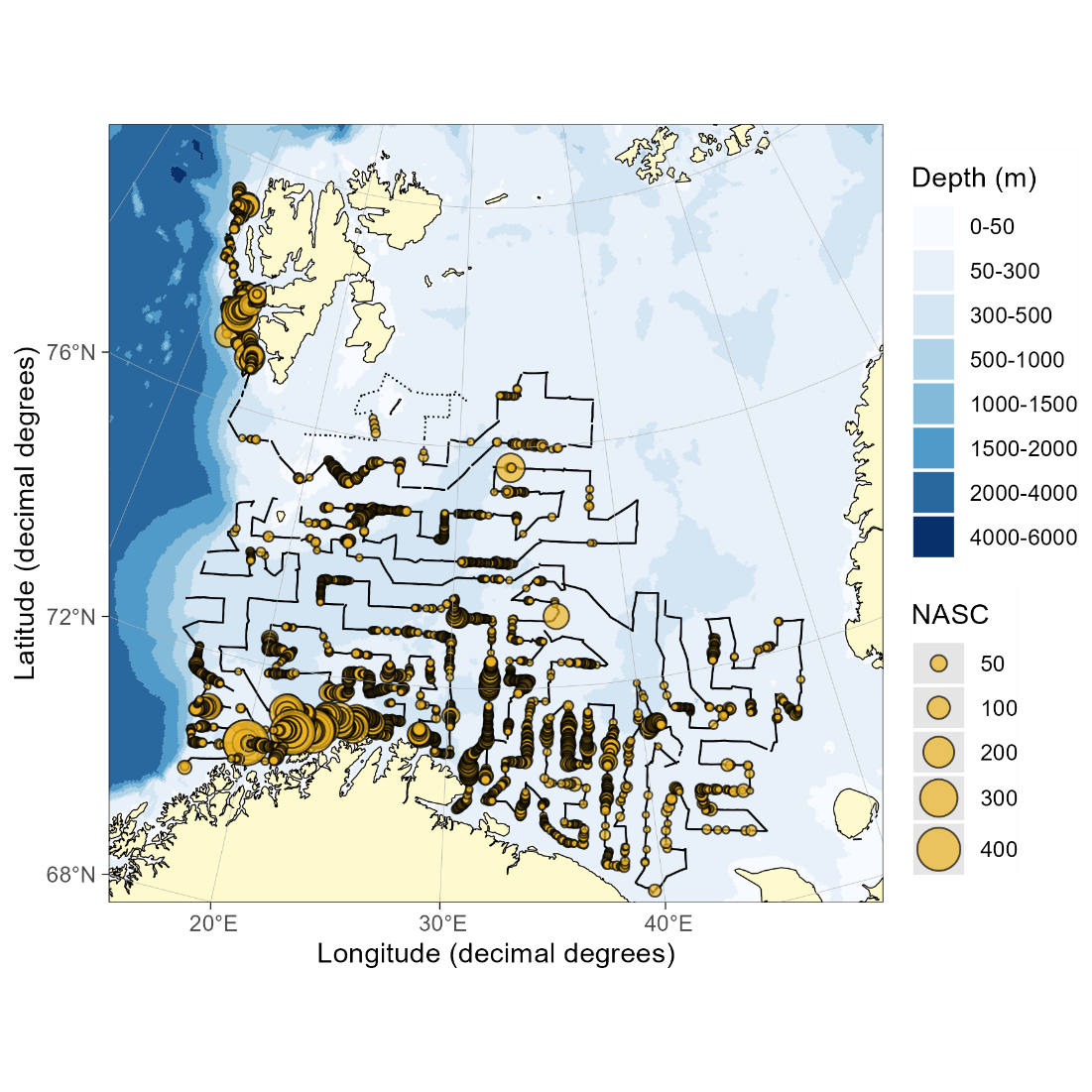 Figure 6.1. HADDOCK NASC. Distribution of acoustic backscatter (m2/nmi2 ) assigned to haddock in 2023. The black lines without yellow circles represent parts of the cruise track where the acoustic backscatter was scrutinized but not assigned to haddock. NASC values < 5 was set to zero for this illustration.