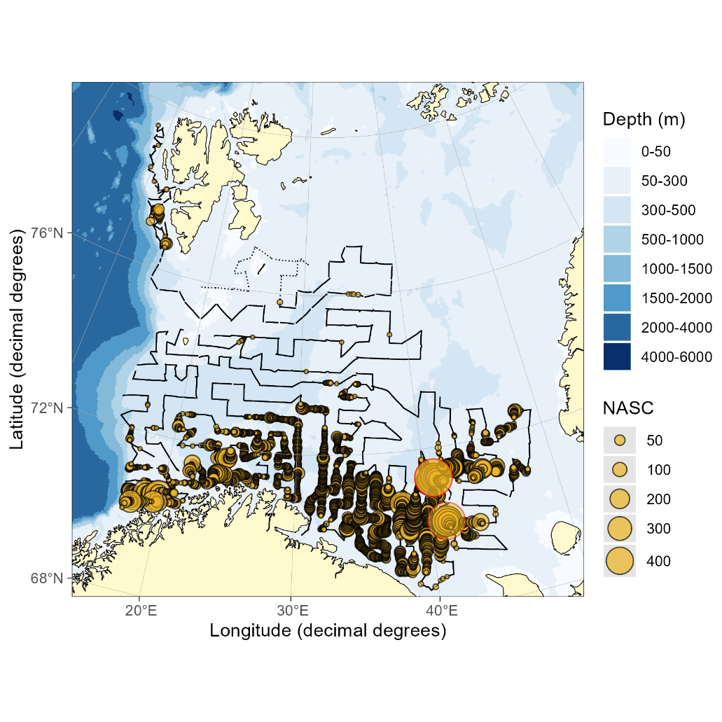 Figure 6.1.  HADDOCK NASC. Distribution of acoustic backscatter (m2/nmi2) assigned to haddock in 2023. The black lines without yellow circles represent parts of the cruise track where the acoustic backscatter was scrutinized but not assigned to haddock. NASC values < 5 was set to zero for this illustration.