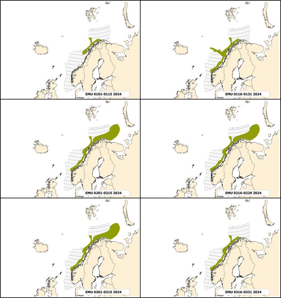 Figur A1.6 Rådgivningskart for elektromagnetiske undersøkelser (EMU). Disse har bare gytevandringer og ingen buffersone.