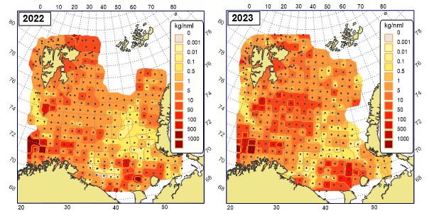 Figure 11.3.2 The biomass distribution of megabenthos (excluding Pandalus borealis) in the Barents Sea in August-September 2022 and 2023