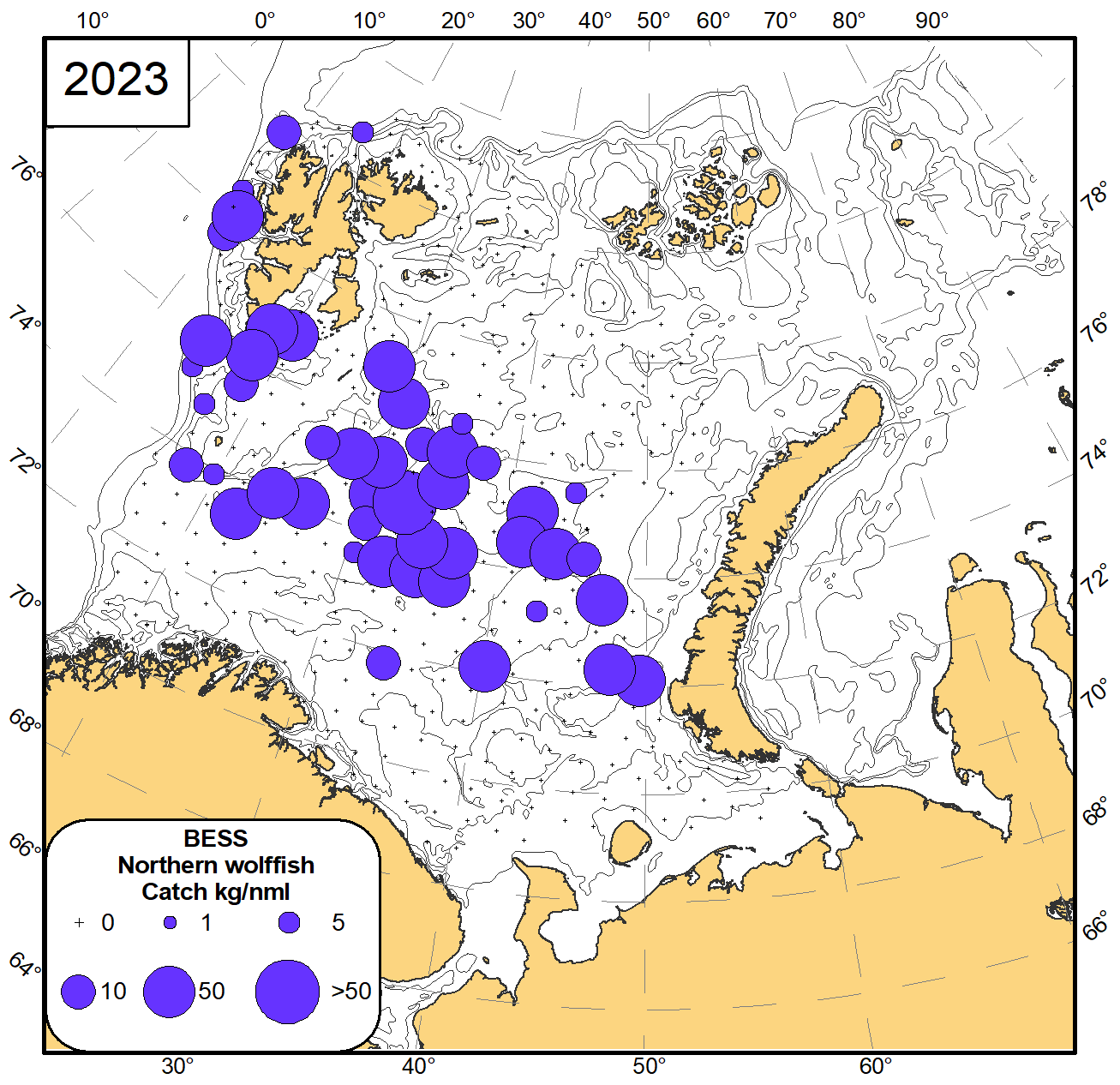 Figure 8.11 Distribution of northern wolffish (Anarhichas denticulatus), August-November 2023. 